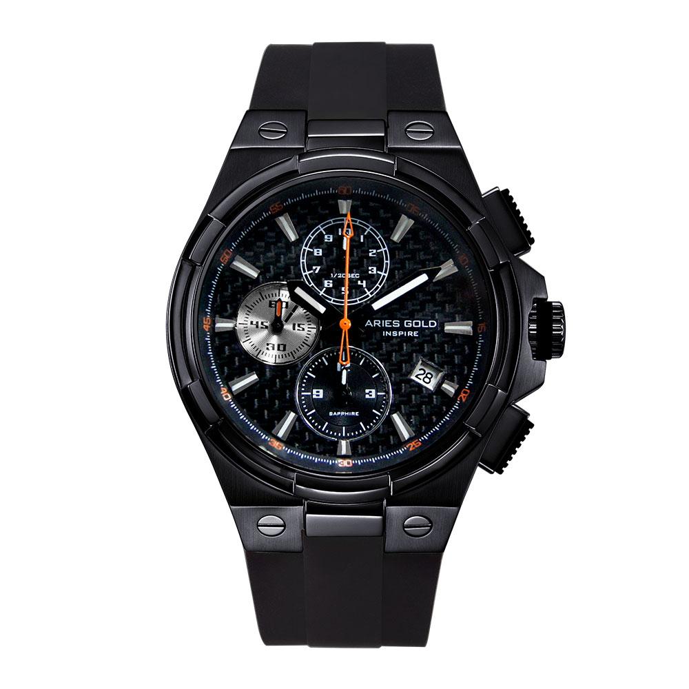 ARIES GOLD MONARCH BLACK STAINLESS STEEL G 7312 BK-BKOR HI-TECH BLACK SYNTHETIC STRAP MEN'S WATCH